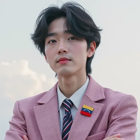 A cute and delicate Korean boy, that looks realistic, with the flag of Venezuela and a suit.