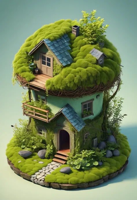 mossy, ants nest small dwelling, rounded oval, isometric, detailed reality