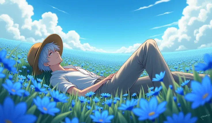  Toshiro Hitsugaya dressed as a farmer in a field of blue flowers lying down 