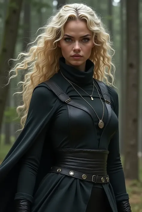 girl with kind of curly Beige-white hair BELOW THE WAIST, bright, hazel/brown eyes, medium skin, kind of muscular figure. Hourglass figure, . Her expression is serious, almost threatening. She wears ninja-like, black clothing. Lord of the rings vibe.