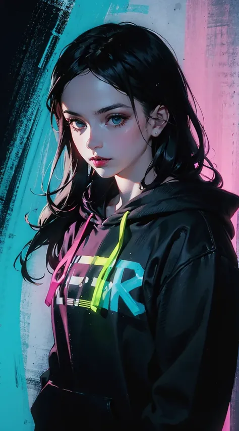 A girl wearing a dark hoodie with splashes of neon paint. Her face is partly hidden in the shadows, with one side illuminated by a bright, electric blue light. DarkPopVibe, EdgyGlow, SinisterPop, DarkNeonDream, ContrastGlow, SinisterVibrance, BroodingNeon,...