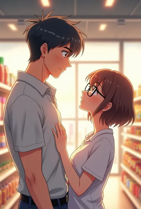 A handsome man asks a short-haired woman wearing glasses and a white short-sleeved shirt in a supermarket. Japanese anime