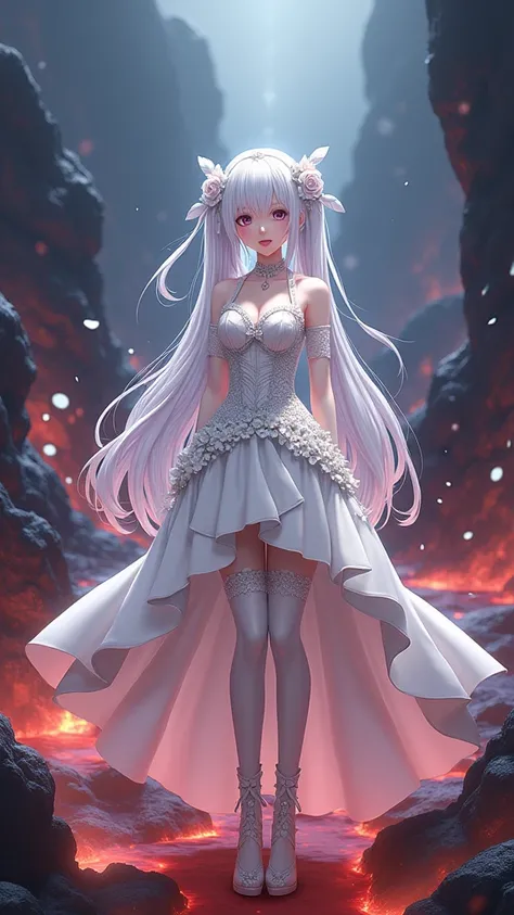 best quality, quality, masterpiece, (photorealistic:1.4), 1girl, kasugano sora, long white hair,blindfold twintails, hair ribbon, hair ornament, wedding attire, elbow gloves, wedding dress, thighhighs, standing, full body, looking at viewer, detailed backg...