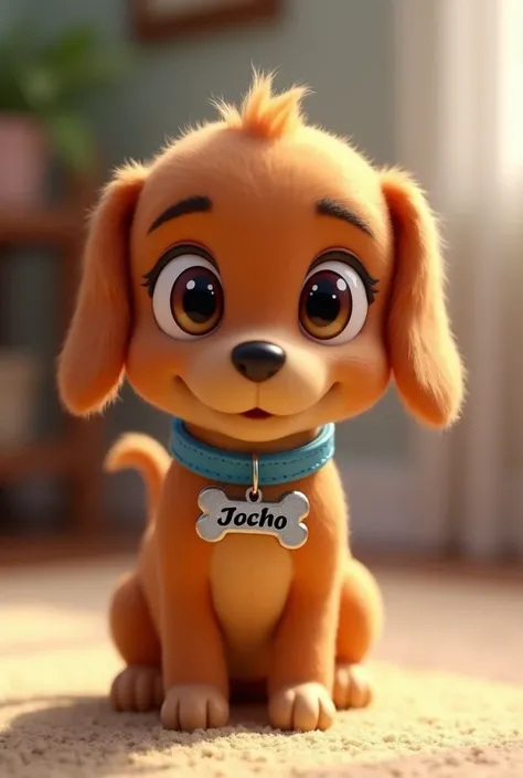 Create the image of Slinky Dog baby from Toy Story but completely light brown and with a blue collar from which hangs a metal bone with the name JOCHO