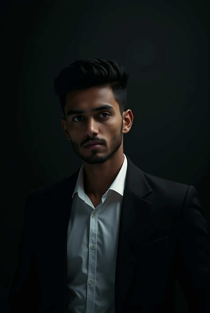 Create a highly realistic portrait of a 20-year-old Bangladeshi man standing in a dark room. He should be wearing a black blazer and awhite shirt. The lighting should be dramatic, with a focus on highlighting his handsome face and a light stubble giving hi...