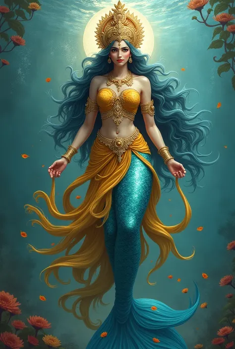 One part of the image with Goddess Lakshmi and her beauty and wealth and other side with a mesmerizing mermaid with blue tail  