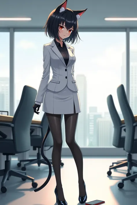 Please make a cat girl OL suit anime with a tight skirt and black stockings。Please use the office as the background。A white suit please。Please draw me from head to toe.。Picking up the smartphone that was dropped on the floor。