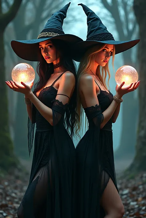 A sexy dressed witch holding a crystal ball with long black hair and red eyes next to a cute dressed witch holding a crystal ball with long hair and honey colored eyes. 