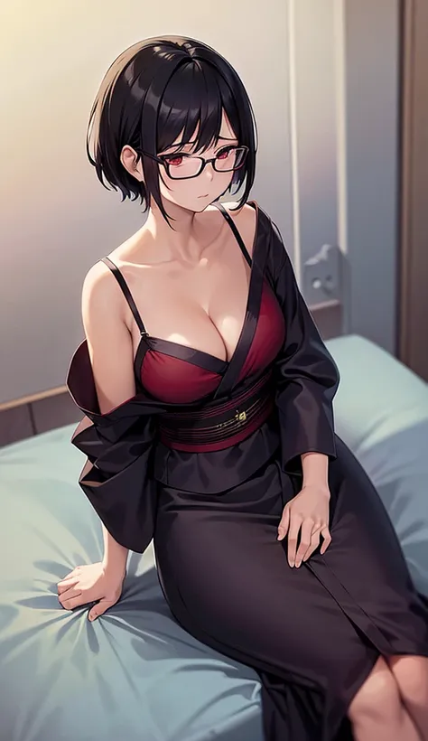 Busty mature woman wearing glasses、Mother、Plain short black hair、A yukata that has fallen apart、I was drinking in the living room at night and I was lying on my back, drunk.、Drunk and red in the face、solo、High resolution ,Best Quality、One woman, 