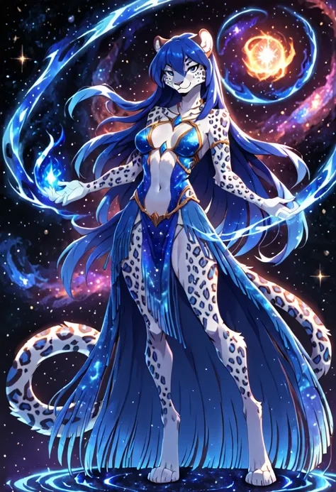 Solo, female anthro leopard, white fur, standing, dark blue hair, long fringe, by sollyz, magic, skimpy dress, digitigrade, sexy, astral, cosmos,masterpiece, best art, 