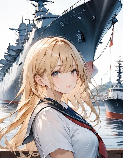 live-action、material, Watercolor paint,(Amazingly absurd)),(masterpiece:1.2),超High resolution, Attention to detail, high quality, High resolution, 最high quality, 4K, 8k、(((From below)))、(((Upper Body)))、Blonde、Long straight hair、White navy uniform、Beautifu...