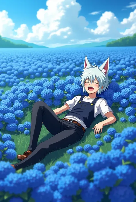  Toshiro hitsugaya dressed as a farmer in a field of blue flowers lying down with legs open High resolution, Ultra HD, wolf ears, laughter, Blush, 