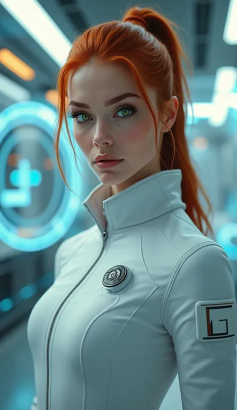 Portrait of a very beautiful woman with red hair tied in a ponytail, wearing a sleek and functional futuristic white uniform. She is in the medical bay of a futuristic spaceship, surrounded by cutting-edge equipment, holographic scanners, and advanced trea...