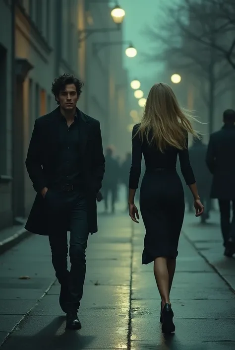 a black-haired young man holding a book chases a beautiful woman with long, blonde hair who is walking home alone.