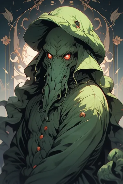 cthulhu、my body is a vegetable、red eyes、the background is dark、creatures、show whole body