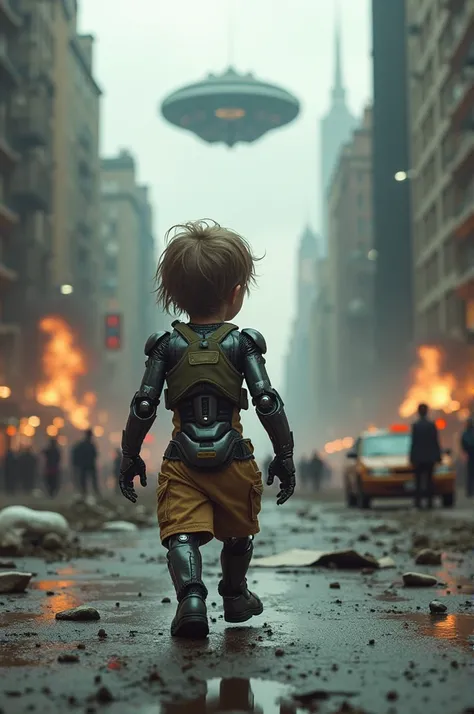 Kid roaming in the street while aliens attacks newyork city and that kid having cyborg body