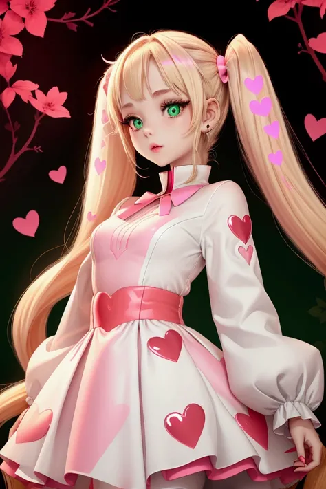 white skined girl with blonde twin tail, shiny pink hearts in her green eyes, and a red blodd dress with long sleeves 