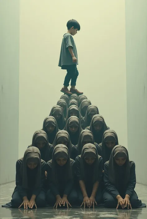 Boy using 10 kneeling woman head as a footstool and stair to go to upstairs