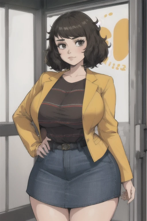 (best quality), (masterpiece), 1 girl, early 20s, huge heavy breasts, thick, thick lips, wide hips, thin waist, skp5, bangs, jacket, striped shirt, yellow shirt, skirt