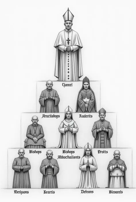 Create a pyramid of hierarchy with the Pope at the top, followed by the Cardinals, Archbishops, Bishops, abbots/abbotsas, priests, Deacons and Lay People. Use representative images of each role ( make it like a pencil drawing with the names of the 7 levels