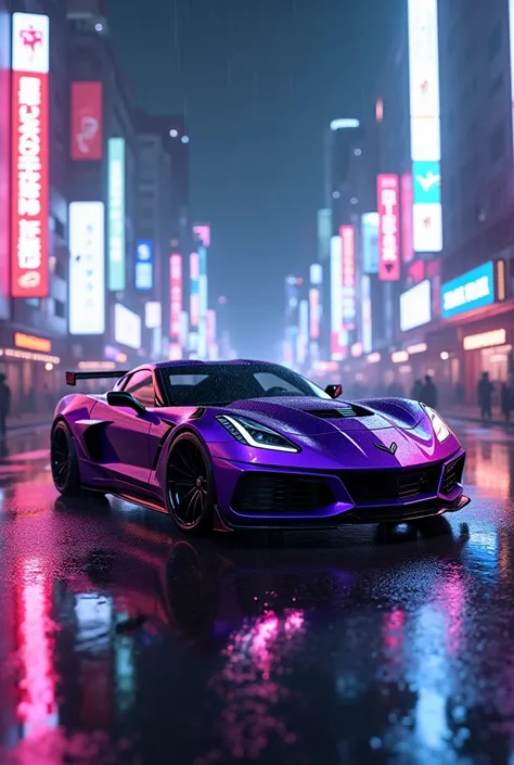 Purple cyberpunk corvette c7 in rain in Tokyo city neon wet car