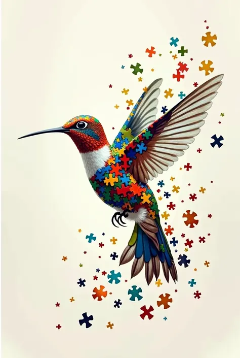 A hummingbird made of puzzle pieces and they are coming loose