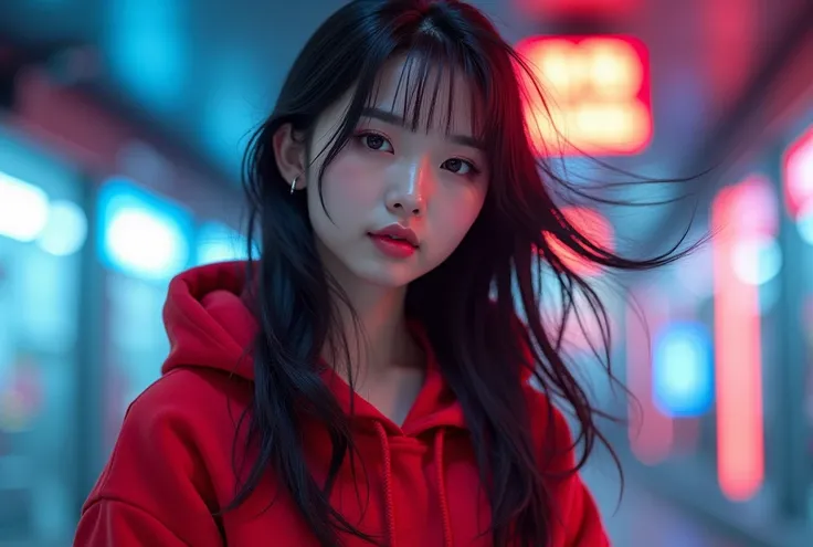 A cute a beautyful kpop female with long hairstyle wearing shirt and red hoodie jacket. using super fast internet and happy. Hyper quality image. Hyper resolution image. Ultra high realistic image. 16k.