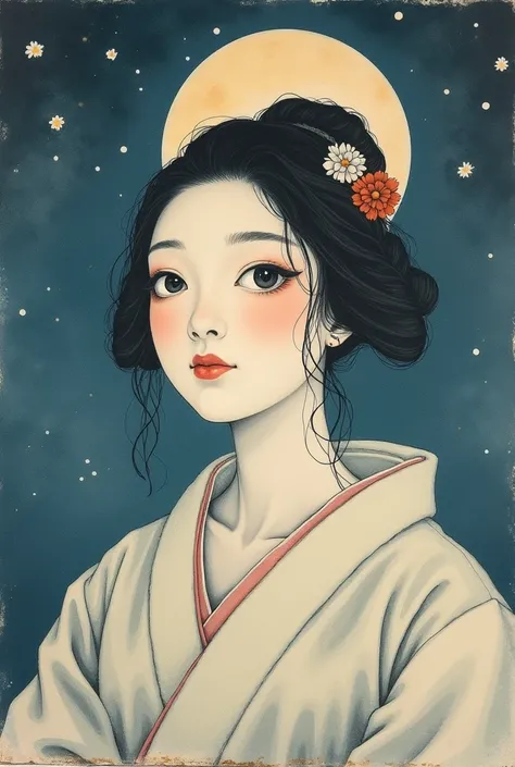 Watercolor、Old texture、Old style、Faded colors、A painting of the face of an Edo courtesan faintly drawn on the moon in the night sky、Courtesan facing forward、composition、Golden Ratio、Functional、grace、detail、background、Soft colors、Blurred Lines、