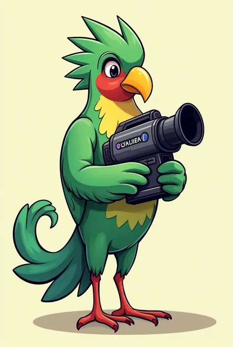 Can you make me a cartoon of a quetzal, the national bird of Guatemala, holding a large video camera? (The color of the quetzal is the red chest and the rest is green the face and body Something like an anime, take away the red face leave it green 