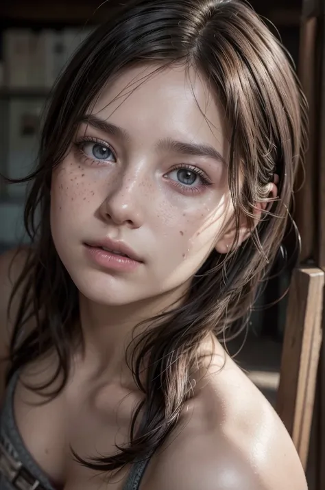 1 girl in, age19, Alone, Latin features, Aesthetic work, Wavy Hair</input></xml>, short hair with violet highlights, grey eyes, light grey eyes, some small freckles, pale skin, flat breasts, head on,climbing a ladder, (textured skin, skin pores:1.1), (mole...