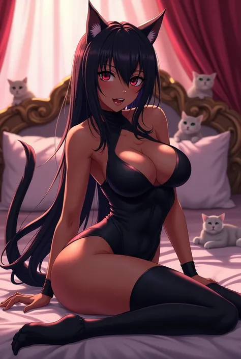 1 fille, Yoruichi de Bleach, Peau brune, apparence sexy, Pose sexy, gros seins, tenue de catgirl sexy, oreilles de chat noir, queue de chat noire, chemise noire très serrée, bas noirs sur les deux jambes, stockings covers pieds, Bas longs, armpit, visage u...