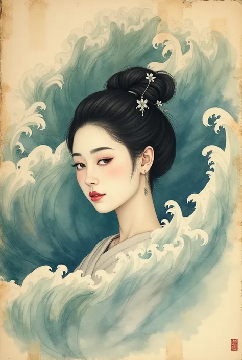 Watercolor、Old paper texture、Damaged Paper、Old style、Faded colors、A faintly drawn painting of an Edo courtesan&#39;s face floating on large waves、composition、Golden Ratio、Functional、grace、detail、background、Soft colors、Blurred Lines、