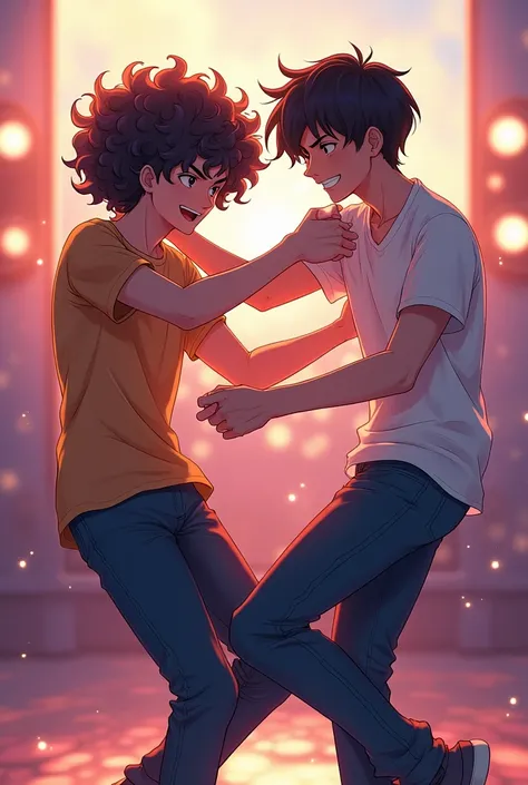 Create two male teenage friends, one with curly hair and one with straight hair in anime, dancing 