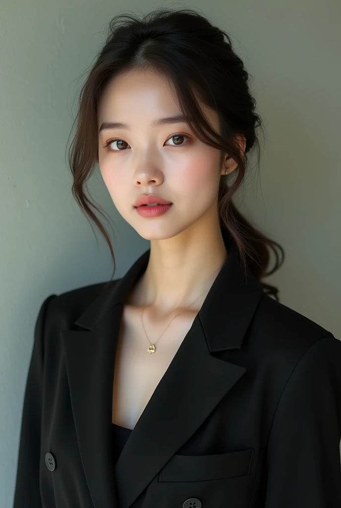 Gentle and beautiful woman, half body photo, delicate and sexy collarbone, charming oval face, double eyelids, smart peach blossom eyes, pink lips, small nose, bare shoulders, focused face, face close-up, ultra-high-definition, super Details, elegant stand...