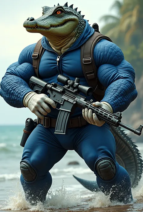 (A rugged beefy very muscular bulky crocodile man), (wearing blue wetsuit), carrying a rifle. He has bulky scuba gear, muscular physique, toned muscles, fierce, heroic, action, comic artstyle, bulky best quality, wearing white fingerless gloves. wearing gu...