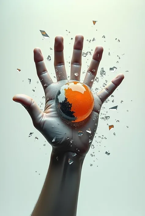 Create a glass-like breaking hand with a half orange, white and black colored heco