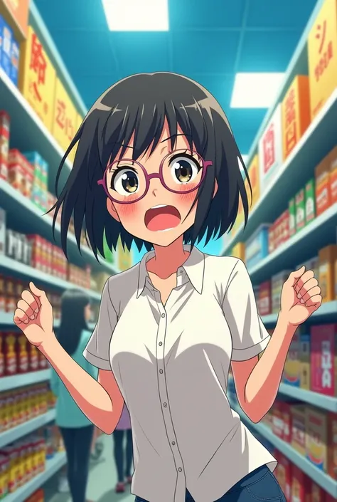 A short-haired woman with glasses and a white shirt with a red face makes a shocked face in a Japanese anime supermarket.