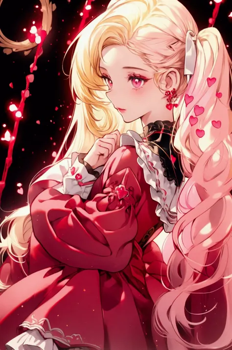 white skined girl with blonde twin tail, shiny pink hearts eyes, and a red dress with long sleeves