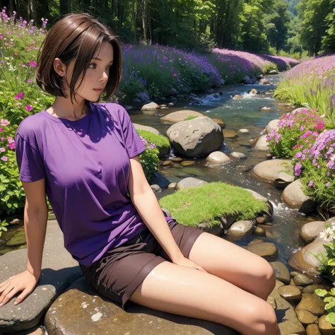 A beautiful woman with short brown hair, purple eyes, wearing a light brown T-shirt and shorts, sits on a rock in a stream. Behind her is a field of flowers, a large forest and mountains.