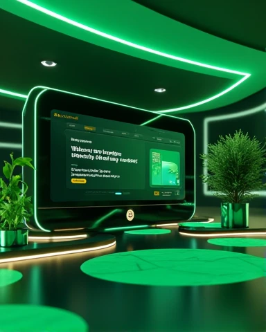 Create a welcoming scene for new users joining the Kiwify platform. The design should feature vibrant green accents, reflecting the Kiwify brand aesthetic. The scene includes a modern, sleek interface with a warm welcome message, highlighting the benefits ...