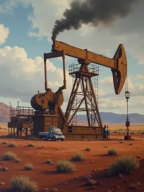 An oil well in the background