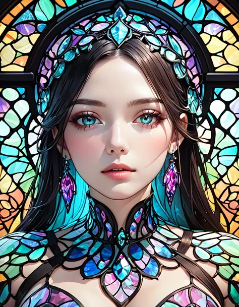 a crystal formation evolving into the shape of a woman, symbiotic glass figure, delicate patterns, intricate beautiful detailed lips, extremely detailed  and face, longeyelashes, highly detailed crystal structure, dramatic lighting, vibrant colors, fantasy...