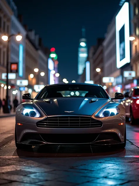 photo of an aston martin db9, in london, at night, shot on a Sony mirrorless camera, DSLR, 50mm lens f/2.8, ultra detailed, 8k, 