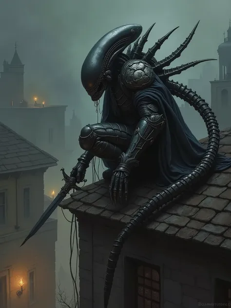 Xenomorph Alien, He wears light black leather armor, medieval garments. He has a dagger and he is atop the corner of a house ceeling. Medieval city. Highly detailed, dark souls art style, elden ring, painting by Bella Bergolts, ultra detailed