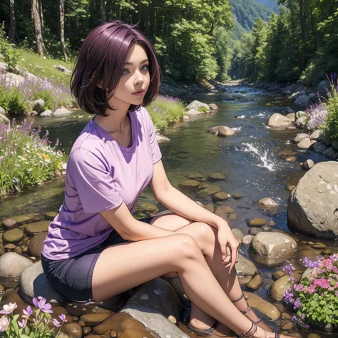 A beautiful woman with short brown-purple hair, purple eyes, wearing a light brown T-shirt and shorts, sitting on a rock in a stream. Behind her is a field of flowers, a large forest and mountains