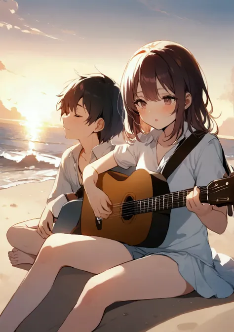 Girl and boy sitting on the beach sand playing guitar