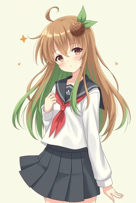 Anime girl with brown hair with green locks - one emerald green leaf and another brown - Japanese school clothes - a star decoration on her head 