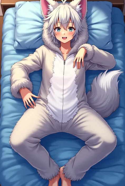 teenage boy Toshiro hitsugaya dressed as furry on a blue bed lying with legs open wet High resolution, Ultra HD, wolf ears, laughter, Blush, 