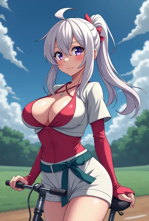 HD、Animation style、white hair 、Purple Eyes、girl、plump breasts 、High school student 、single ponytail、Baseball player、Light color short sleeve top、Long sleeve red underwear、Good shape、Thin、sash、Sky、cloud、sunny、Cycling、Navel exposed、dazzler、Breasts exposed、ni...