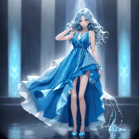 A girl wearing a blue dress like water, long in the back and short in the front, wearing a diamond necklace around her neck and an earring, with long wavy hair, white skin, and blue high heels in high definition